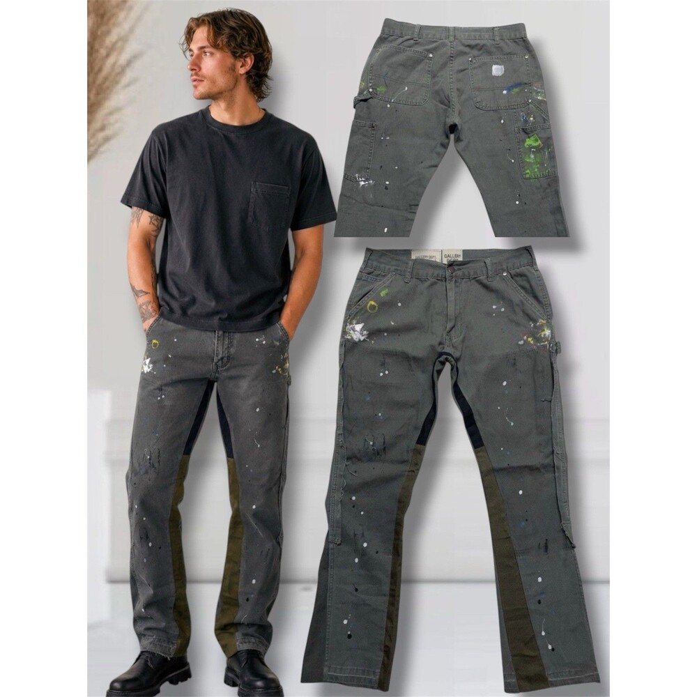 Gallery Dept. Men's W32 L31 Flared Leg Green Carpenter Paint Splatter Pants